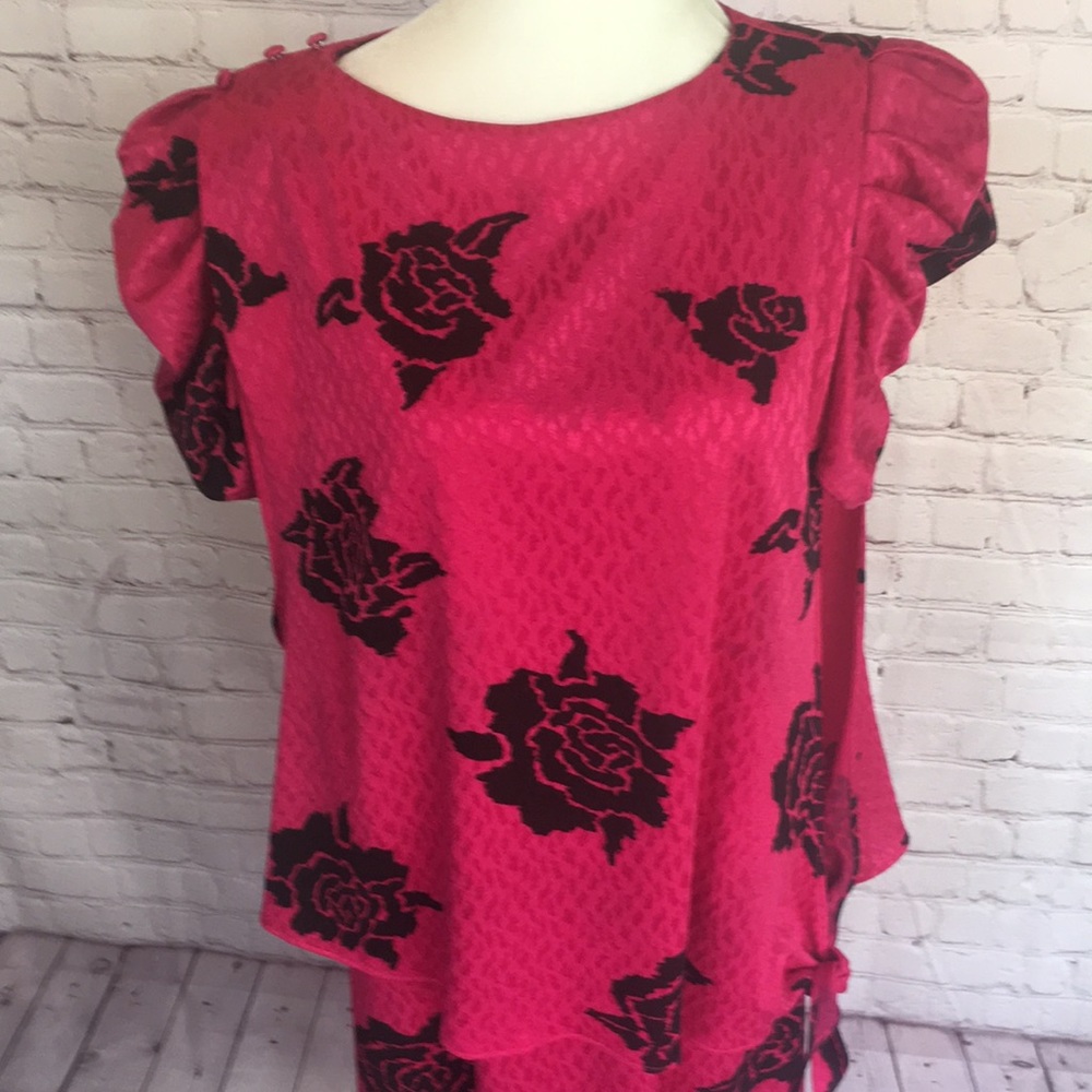 Vintage 80’s TF Satin Floral Bright Pink Knee Length Peplum Dress - Picture 3 of 14